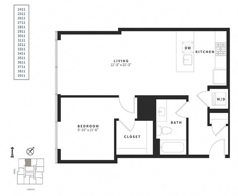 Floor plan for 1 bed, 1 bath, 764 sqft
